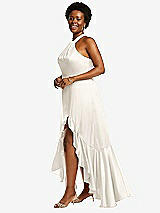 Side View Thumbnail - Ivory Tie-Neck Halter Maxi Dress with Asymmetric Cascade Ruffle Skirt