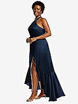 Side View Thumbnail - Midnight Navy Tie-Neck Halter Maxi Dress with Asymmetric Cascade Ruffle Skirt