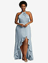 Alt View 4 Thumbnail - Mist Tie-Neck Halter Maxi Dress with Asymmetric Cascade Ruffle Skirt