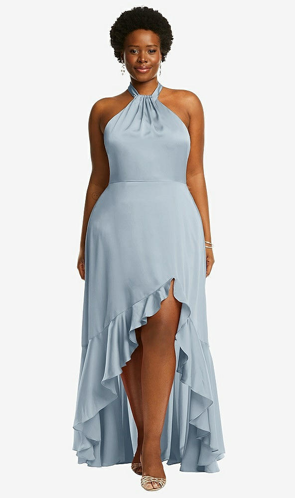 Front View - Mist Tie-Neck Halter Maxi Dress with Asymmetric Cascade Ruffle Skirt