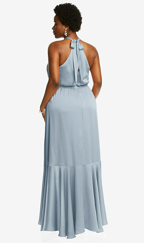 Back View - Mist Tie-Neck Halter Maxi Dress with Asymmetric Cascade Ruffle Skirt