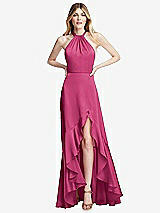 Alt View 1 Thumbnail - Tea Rose Tie-Neck Halter Maxi Dress with Asymmetric Cascade Ruffle Skirt