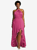 Front View Thumbnail - Tea Rose Tie-Neck Halter Maxi Dress with Asymmetric Cascade Ruffle Skirt