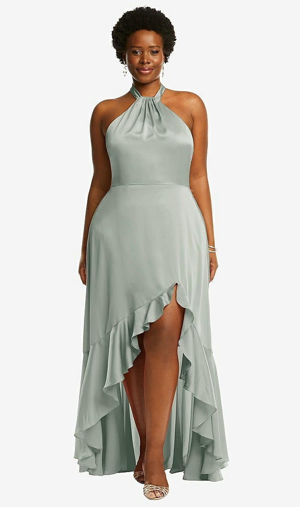 Front View - Willow Green Tie-Neck Halter Maxi Dress with Asymmetric Cascade Ruffle Skirt