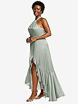 Side View Thumbnail - Willow Green Tie-Neck Halter Maxi Dress with Asymmetric Cascade Ruffle Skirt