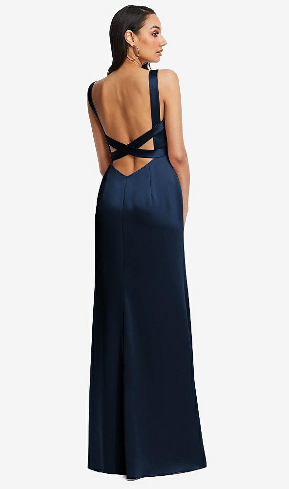 Back View - Midnight Navy Framed Bodice Criss Criss Open Back A-Line Maxi Dress