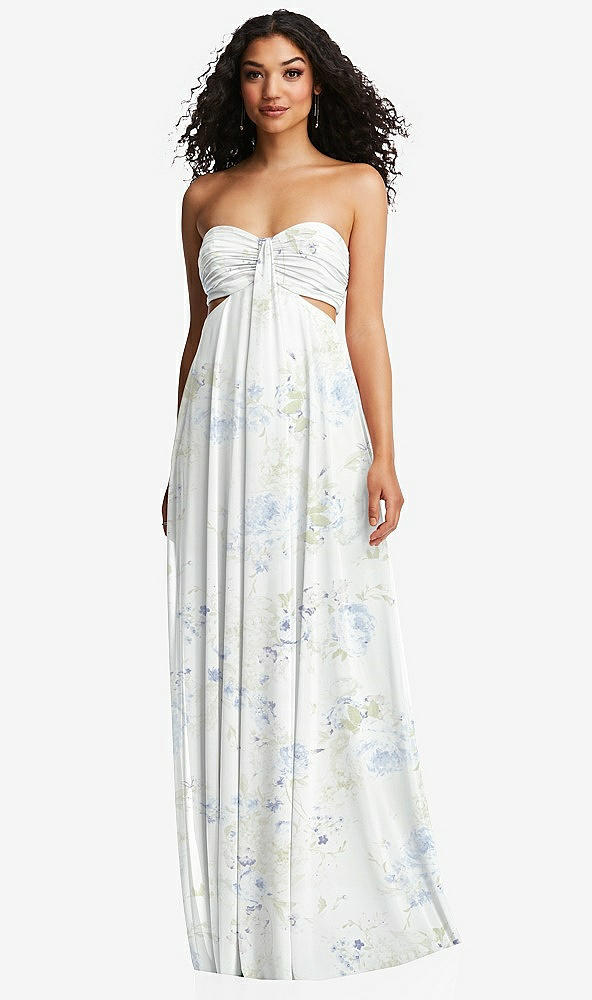 Front View - Bleu Garden Strapless Empire Waist Cutout Maxi Dress with Covered Button Detail