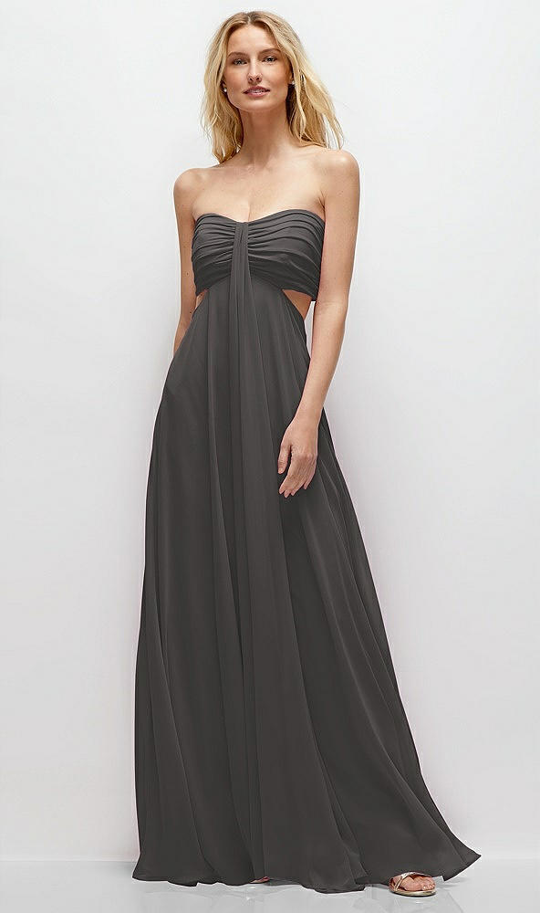 Front View - Caviar Gray Strapless Empire Waist Cutout Maxi Dress with Covered Button Detail