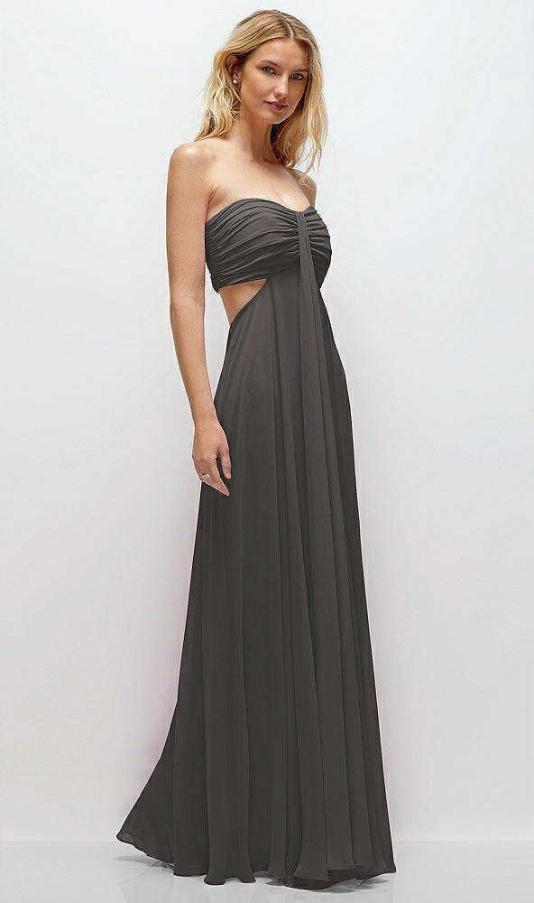 Back View - Caviar Gray Strapless Empire Waist Cutout Maxi Dress with Covered Button Detail