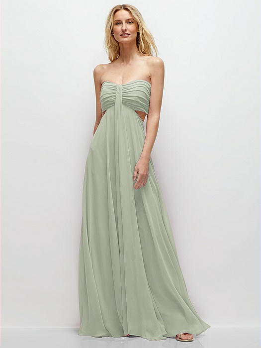 Strapless Empire Waist Cutout Maxi Dress with Covered Button Detail