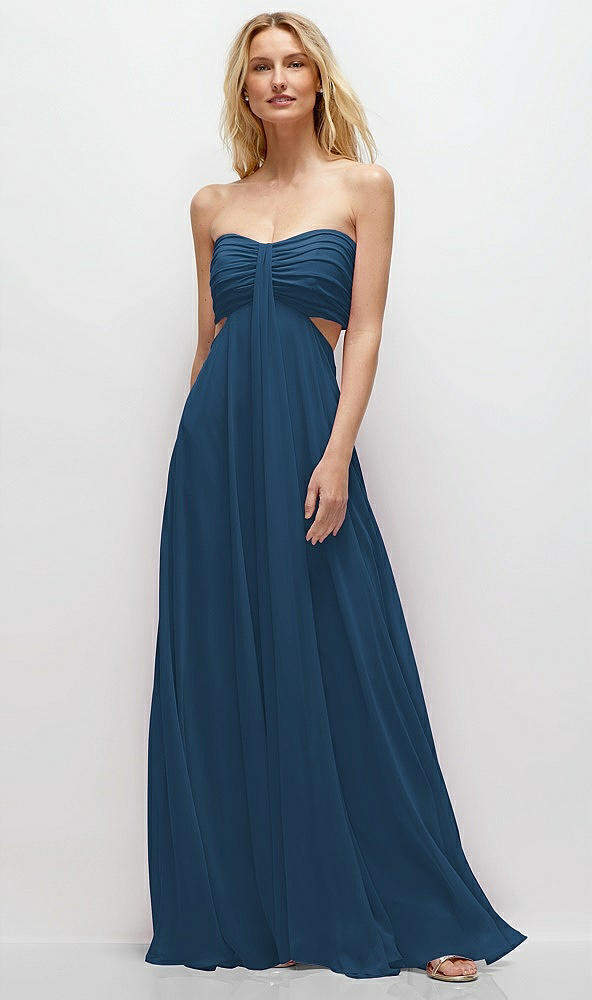 Front View - Dusk Blue Strapless Empire Waist Cutout Maxi Dress with Covered Button Detail