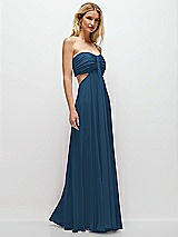 Rear View Thumbnail - Dusk Blue Strapless Empire Waist Cutout Maxi Dress with Covered Button Detail