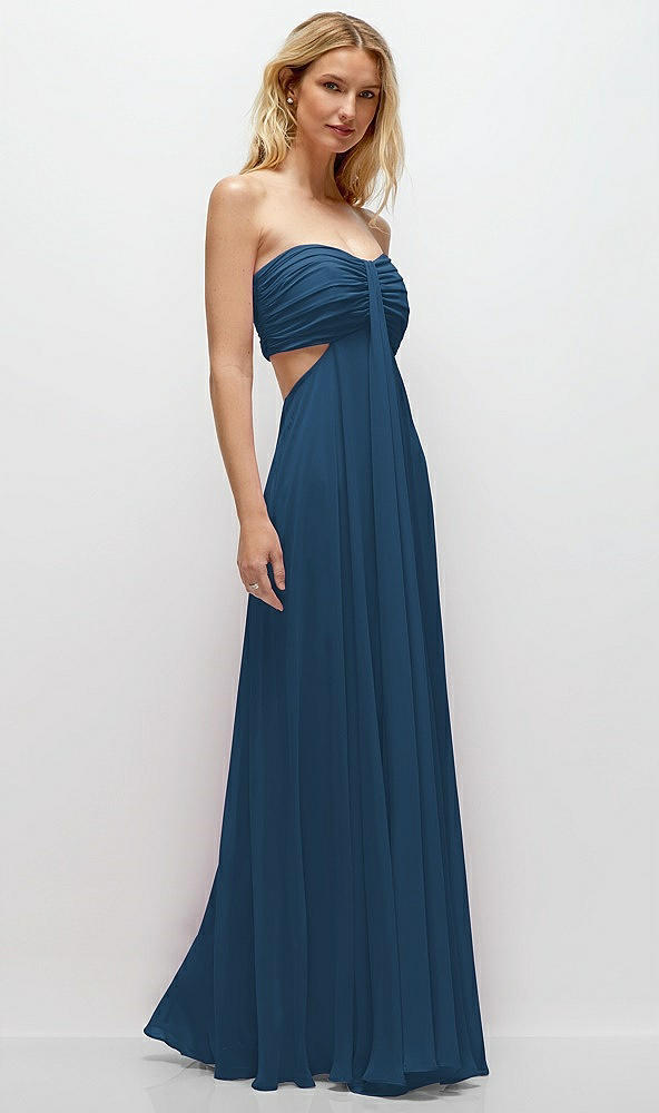 Back View - Dusk Blue Strapless Empire Waist Cutout Maxi Dress with Covered Button Detail