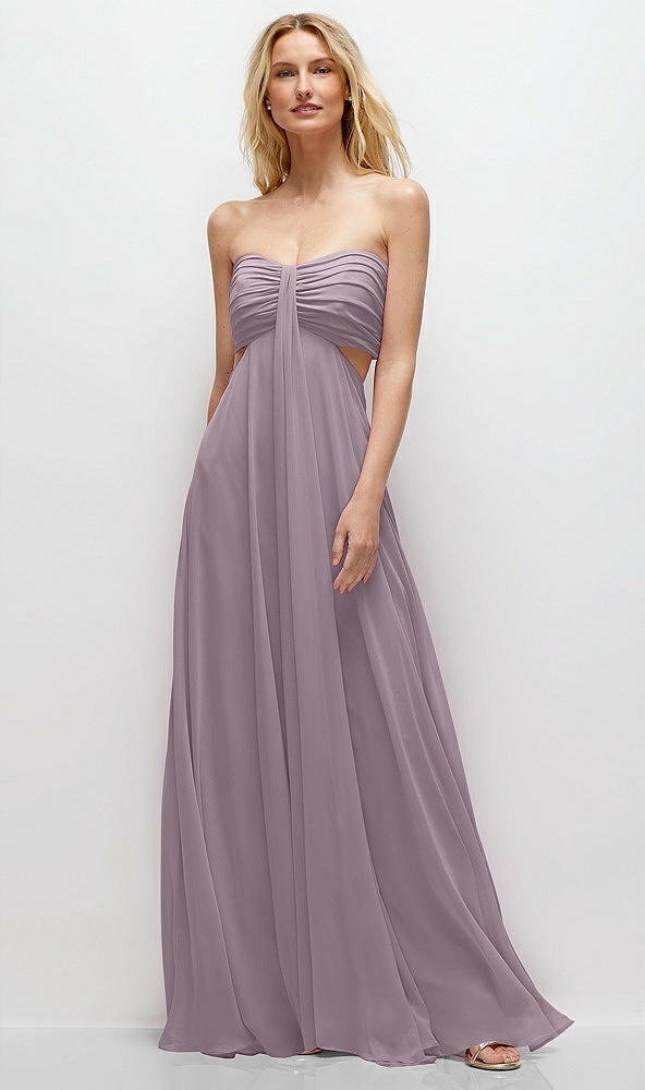 Front View - Lilac Dusk Strapless Empire Waist Cutout Maxi Dress with Covered Button Detail