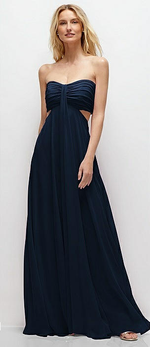 Strapless Empire Waist Cutout Maxi Dress with Covered Button Detail