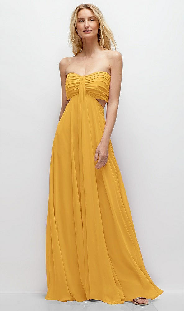 Front View - NYC Yellow Strapless Empire Waist Cutout Maxi Dress with Covered Button Detail