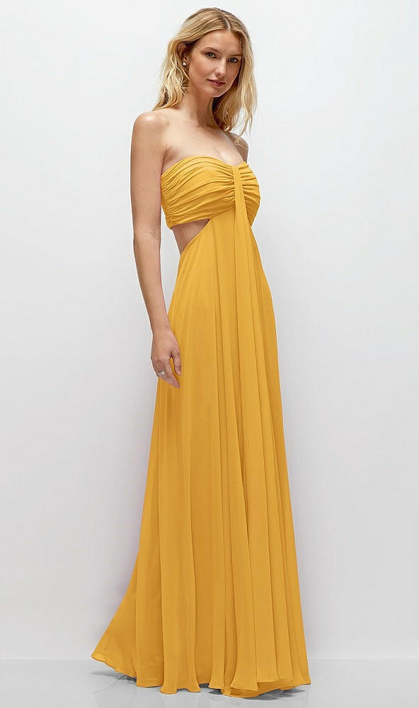 Back View - NYC Yellow Strapless Empire Waist Cutout Maxi Dress with Covered Button Detail