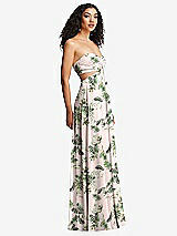 Side View Thumbnail - Palm Beach Print Strapless Empire Waist Cutout Maxi Dress with Covered Button Detail