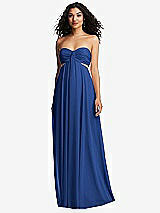 Alt View 5 Thumbnail - Classic Blue Strapless Empire Waist Cutout Maxi Dress with Covered Button Detail