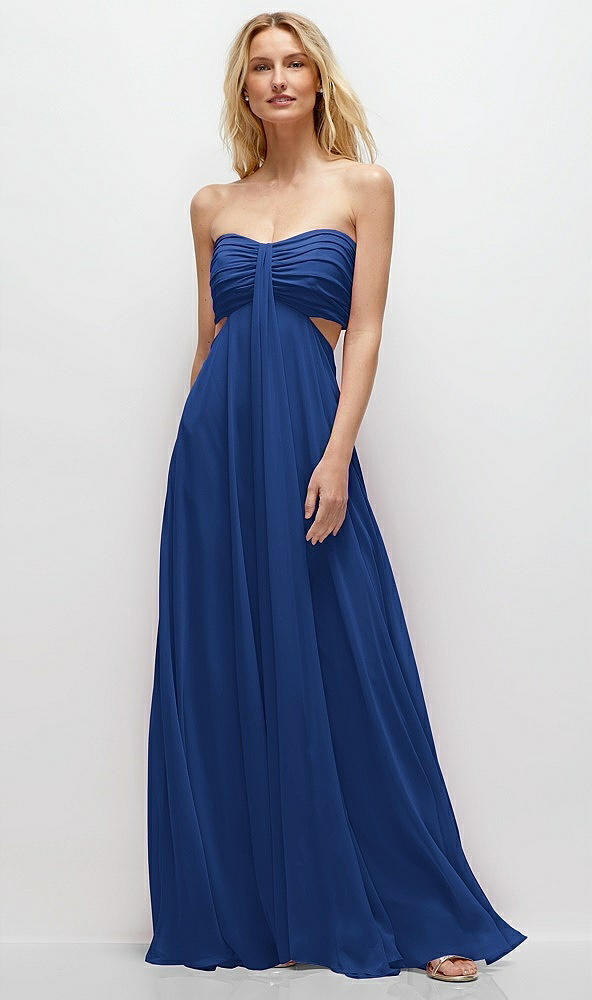 Front View - Classic Blue Strapless Empire Waist Cutout Maxi Dress with Covered Button Detail