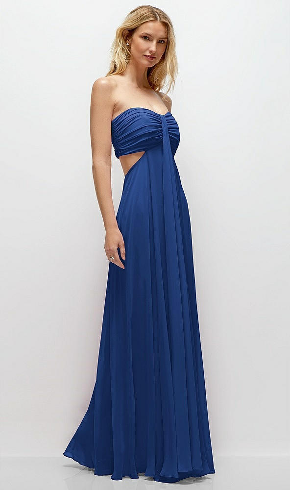 Back View - Classic Blue Strapless Empire Waist Cutout Maxi Dress with Covered Button Detail