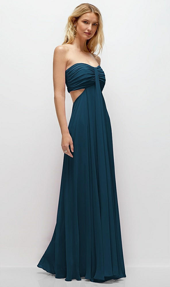 Back View - Atlantic Blue Strapless Empire Waist Cutout Maxi Dress with Covered Button Detail