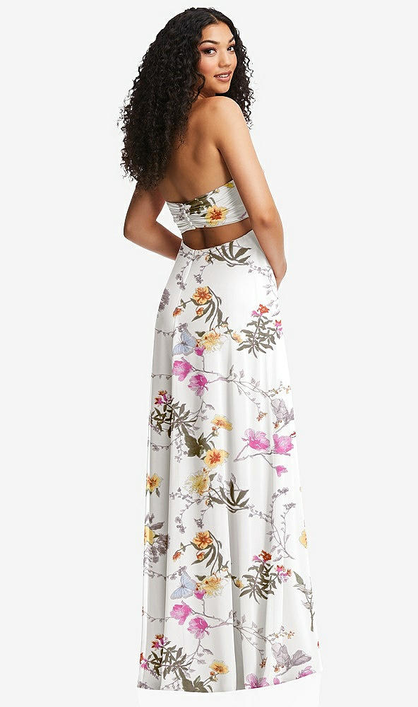 Back View - Butterfly Botanica Ivory Strapless Empire Waist Cutout Maxi Dress with Covered Button Detail