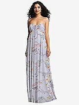 Front View Thumbnail - Butterfly Botanica Silver Dove Strapless Empire Waist Cutout Maxi Dress with Covered Button Detail