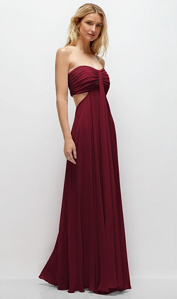 Back View - Burgundy Strapless Empire Waist Cutout Maxi Dress with Covered Button Detail