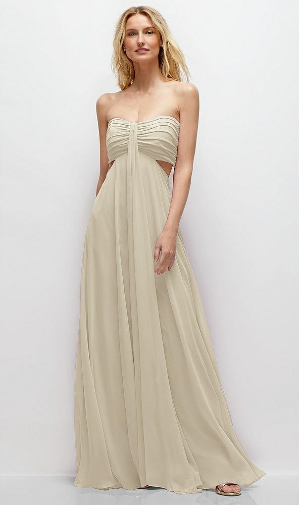 Front View - Champagne Strapless Empire Waist Cutout Maxi Dress with Covered Button Detail