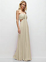 Rear View Thumbnail - Champagne Strapless Empire Waist Cutout Maxi Dress with Covered Button Detail