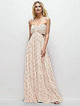 Front View Thumbnail - Coquette Floral Print Strapless Empire Waist Cutout Maxi Dress with Covered Button Detail