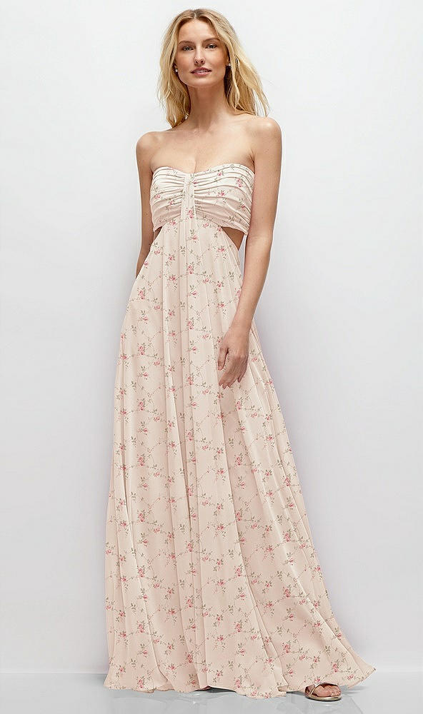 Front View - Coquette Floral Print Strapless Empire Waist Cutout Maxi Dress with Covered Button Detail