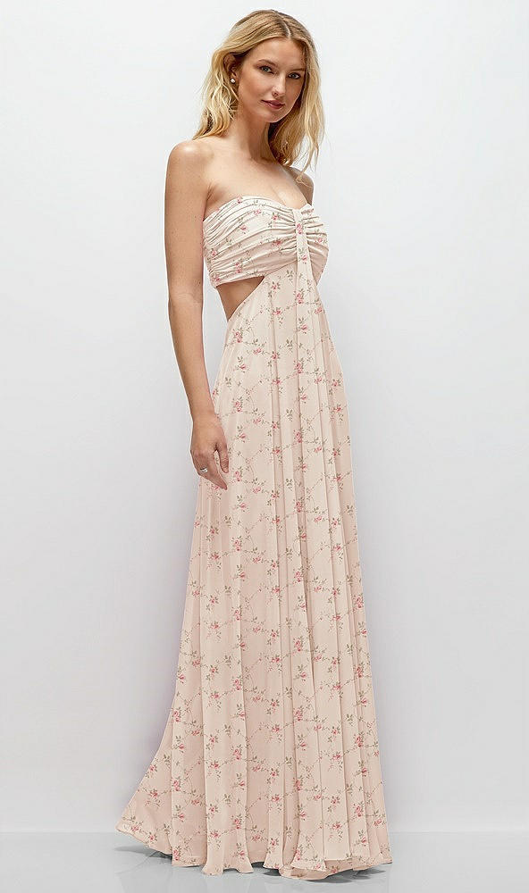 Back View - Coquette Floral Print Strapless Empire Waist Cutout Maxi Dress with Covered Button Detail