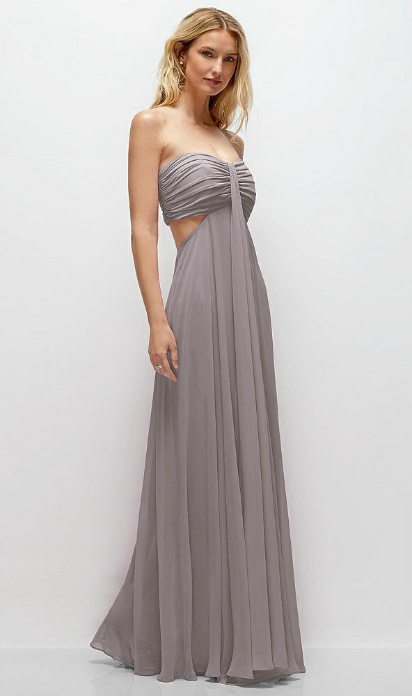 Back View - Cashmere Gray Strapless Empire Waist Cutout Maxi Dress with Covered Button Detail