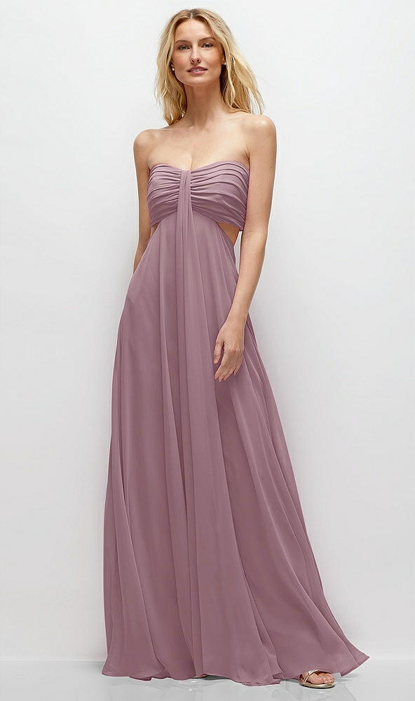 Front View - Dusty Rose Strapless Empire Waist Cutout Maxi Dress with Covered Button Detail