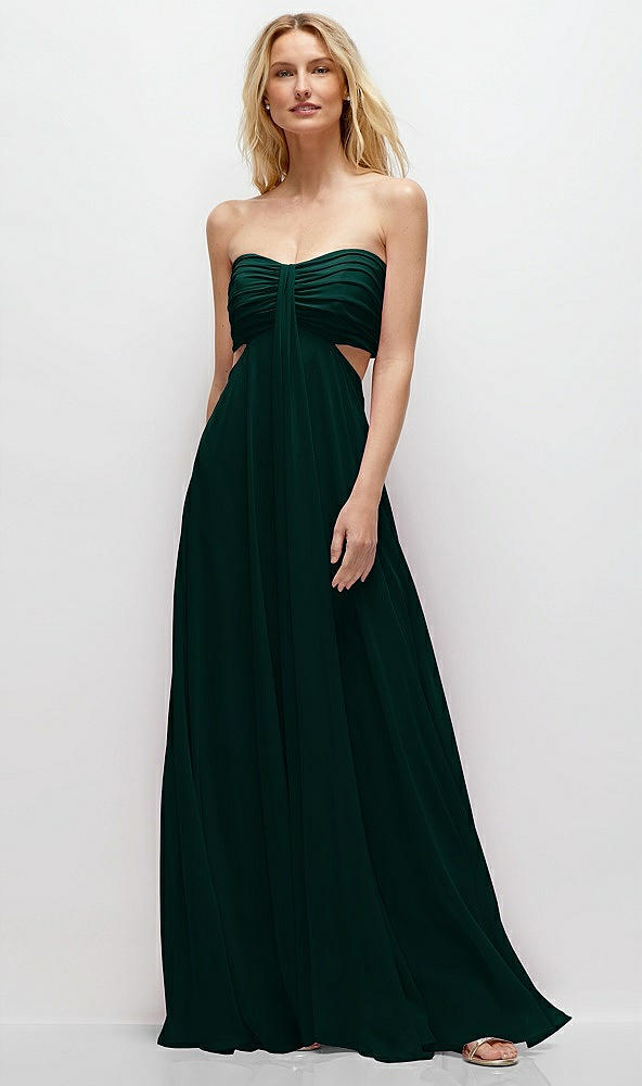 Front View - Evergreen Strapless Empire Waist Cutout Maxi Dress with Covered Button Detail