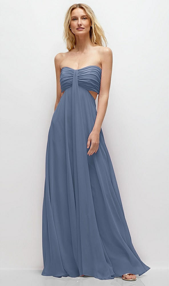 Front View - Larkspur Blue Strapless Empire Waist Cutout Maxi Dress with Covered Button Detail