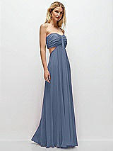 Rear View Thumbnail - Larkspur Blue Strapless Empire Waist Cutout Maxi Dress with Covered Button Detail