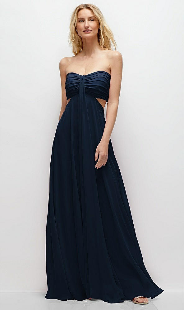 Front View - Midnight Navy Strapless Empire Waist Cutout Maxi Dress with Covered Button Detail