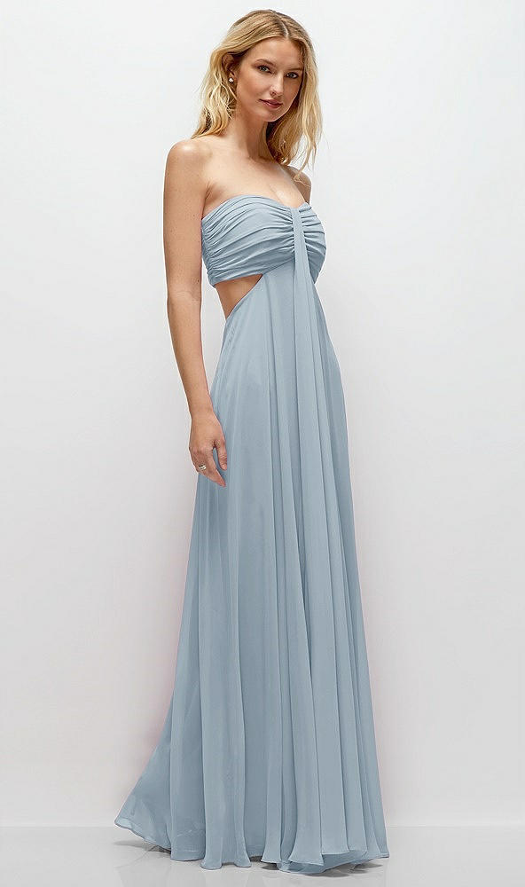 Back View - Mist Strapless Empire Waist Cutout Maxi Dress with Covered Button Detail