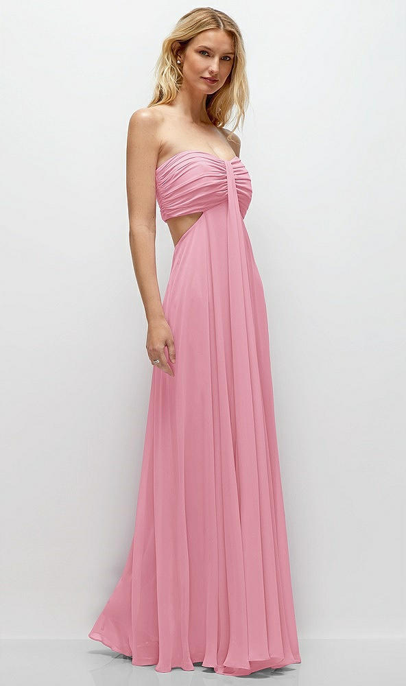 Back View - Peony Pink Strapless Empire Waist Cutout Maxi Dress with Covered Button Detail