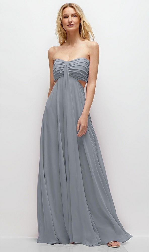 Front View - Platinum Strapless Empire Waist Cutout Maxi Dress with Covered Button Detail