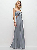 Rear View Thumbnail - Platinum Strapless Empire Waist Cutout Maxi Dress with Covered Button Detail