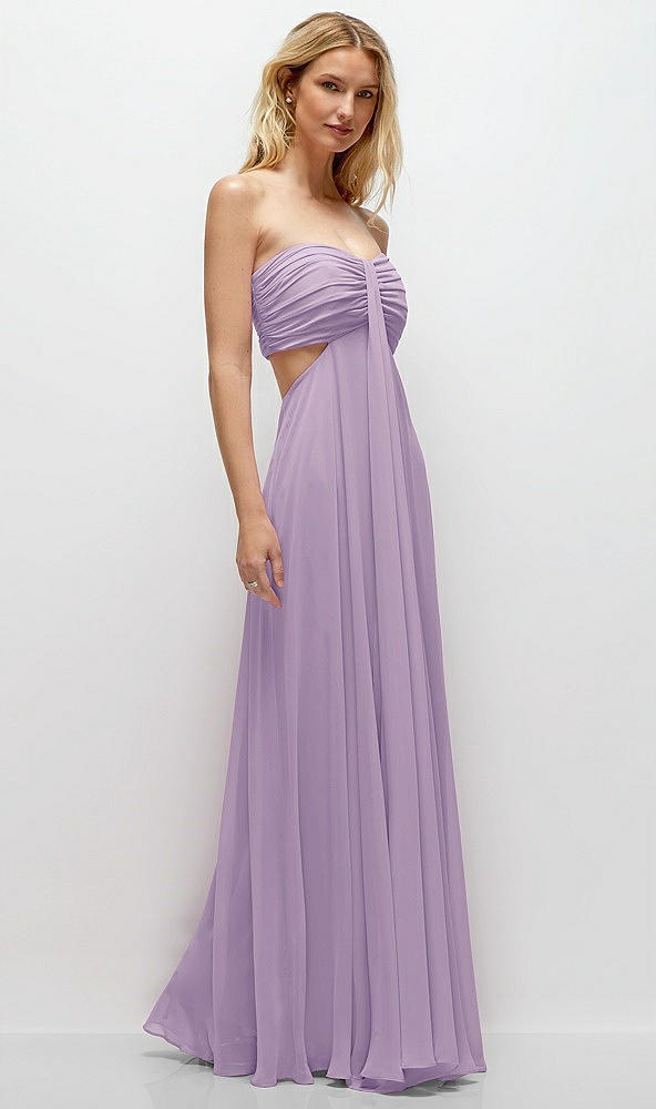 Back View - Pale Purple Strapless Empire Waist Cutout Maxi Dress with Covered Button Detail