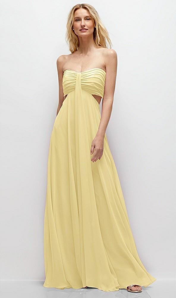 Front View - Pale Yellow Strapless Empire Waist Cutout Maxi Dress with Covered Button Detail