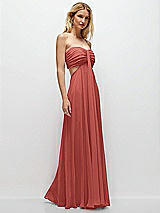 Rear View Thumbnail - Coral Pink Strapless Empire Waist Cutout Maxi Dress with Covered Button Detail