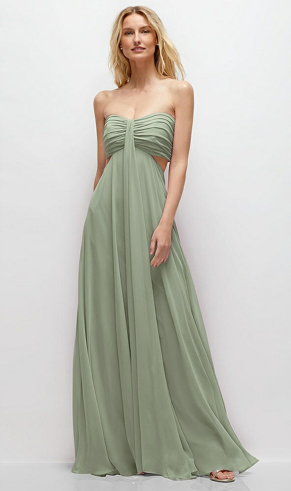 Front View - Sage Strapless Empire Waist Cutout Maxi Dress with Covered Button Detail