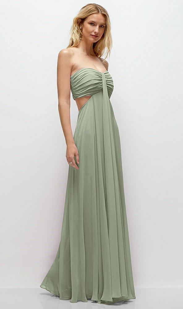 Back View - Sage Strapless Empire Waist Cutout Maxi Dress with Covered Button Detail