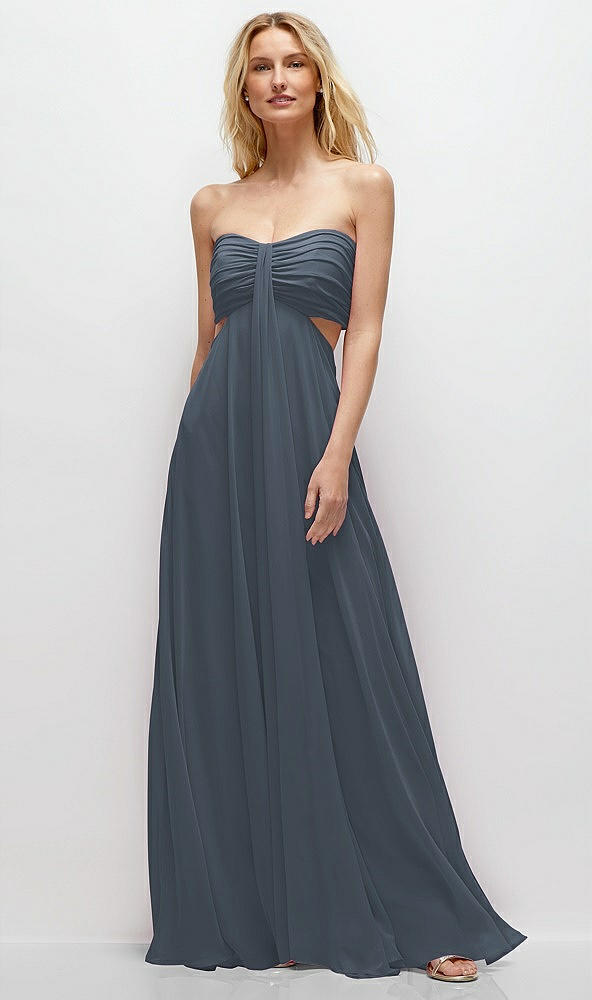 Front View - Silverstone Strapless Empire Waist Cutout Maxi Dress with Covered Button Detail